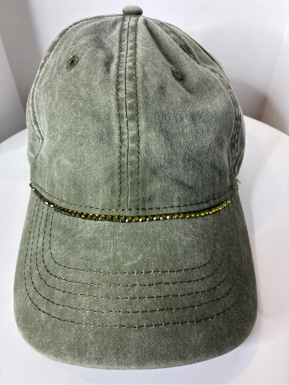 Women’s Olive Green Baseball Cap with Decorative Beading